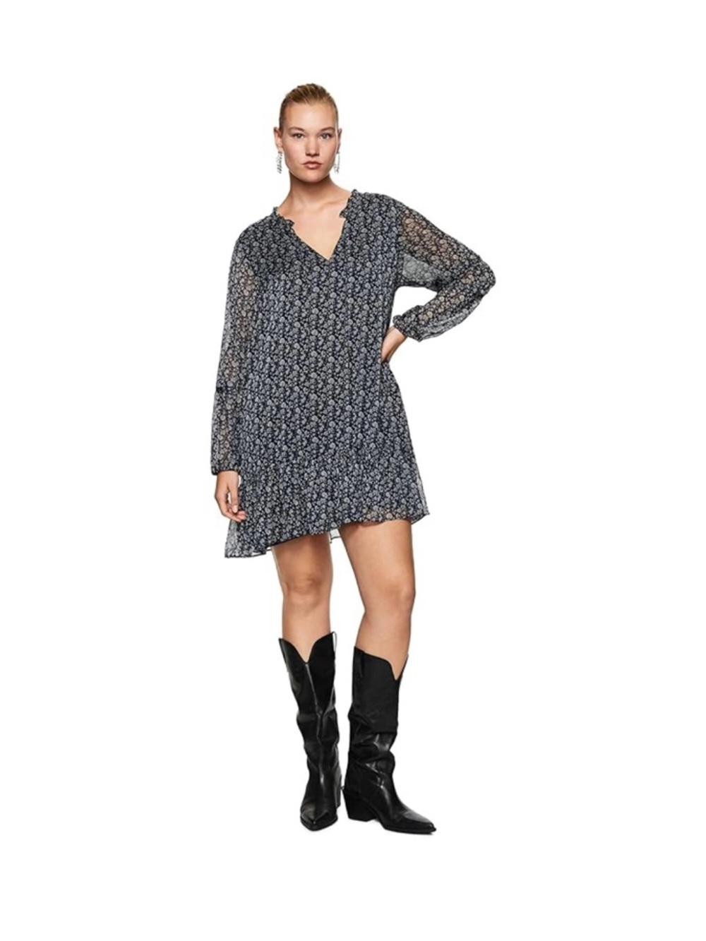 Mango Navy Floral Ruffle Mini Dress Tassel Tie Boho Romantic Sheer Sleeves